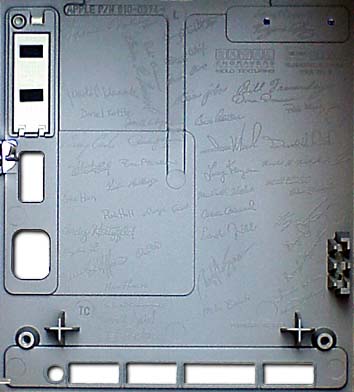 "Macintosh team signatures etched on the back of the case."