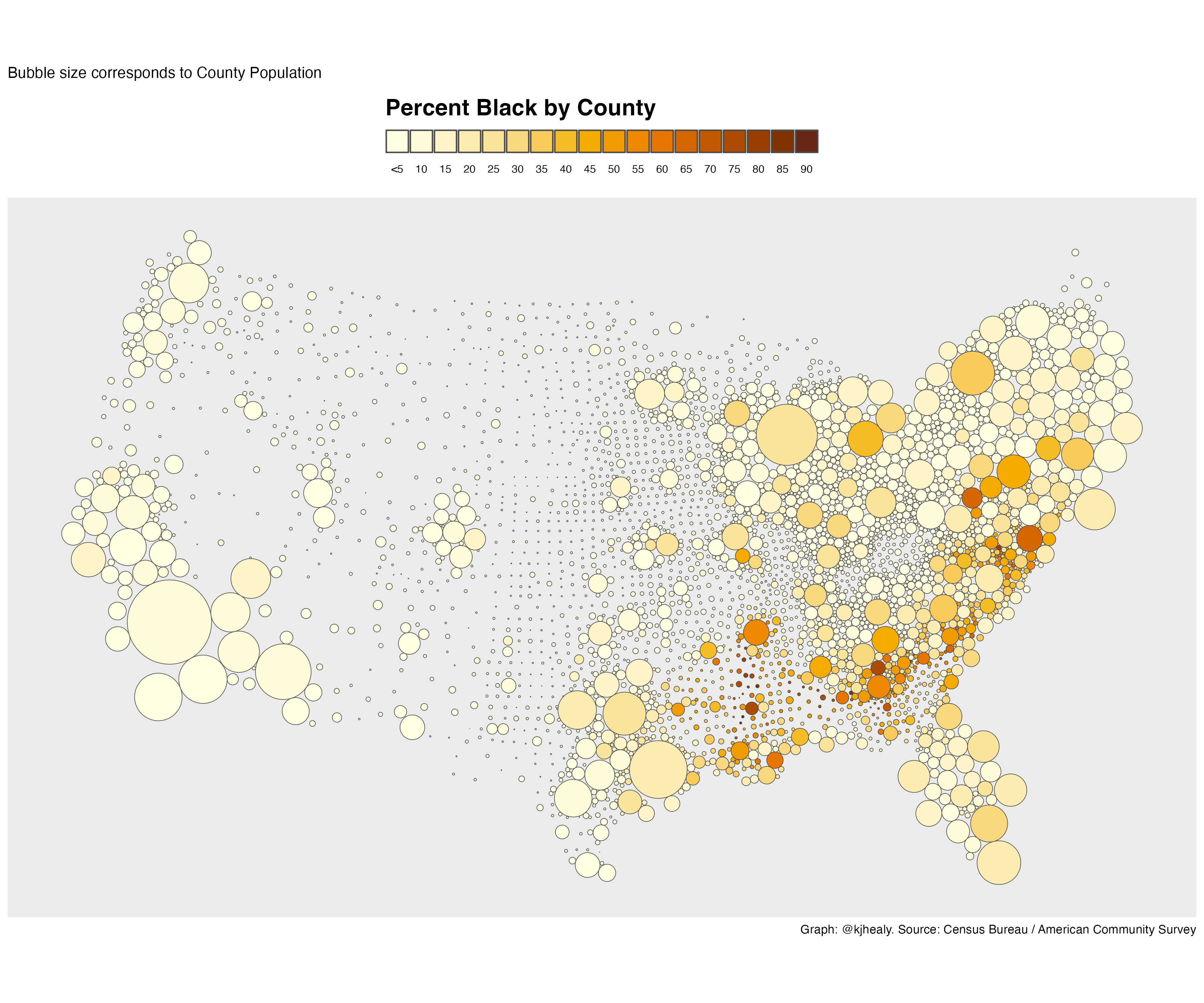 Dorling cartogram, percent Black by county
