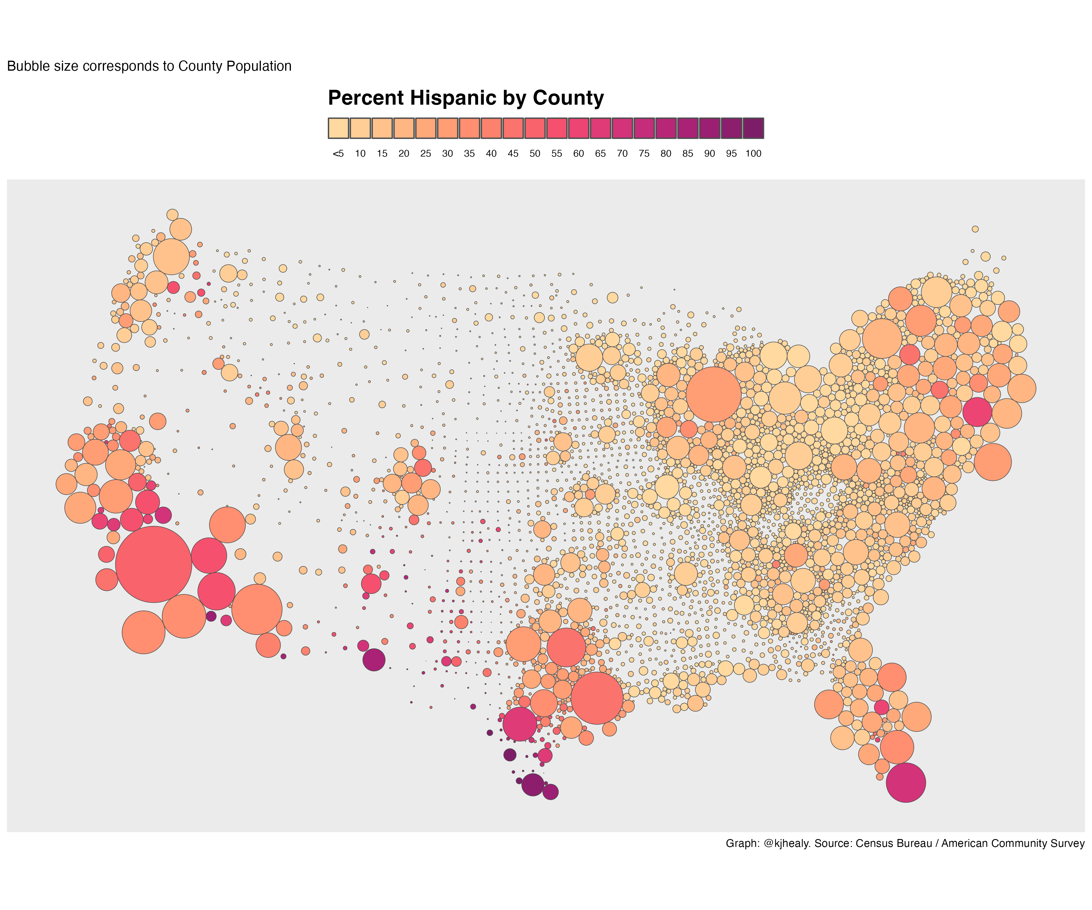 Dorling cartogram, percent Hispanic by county