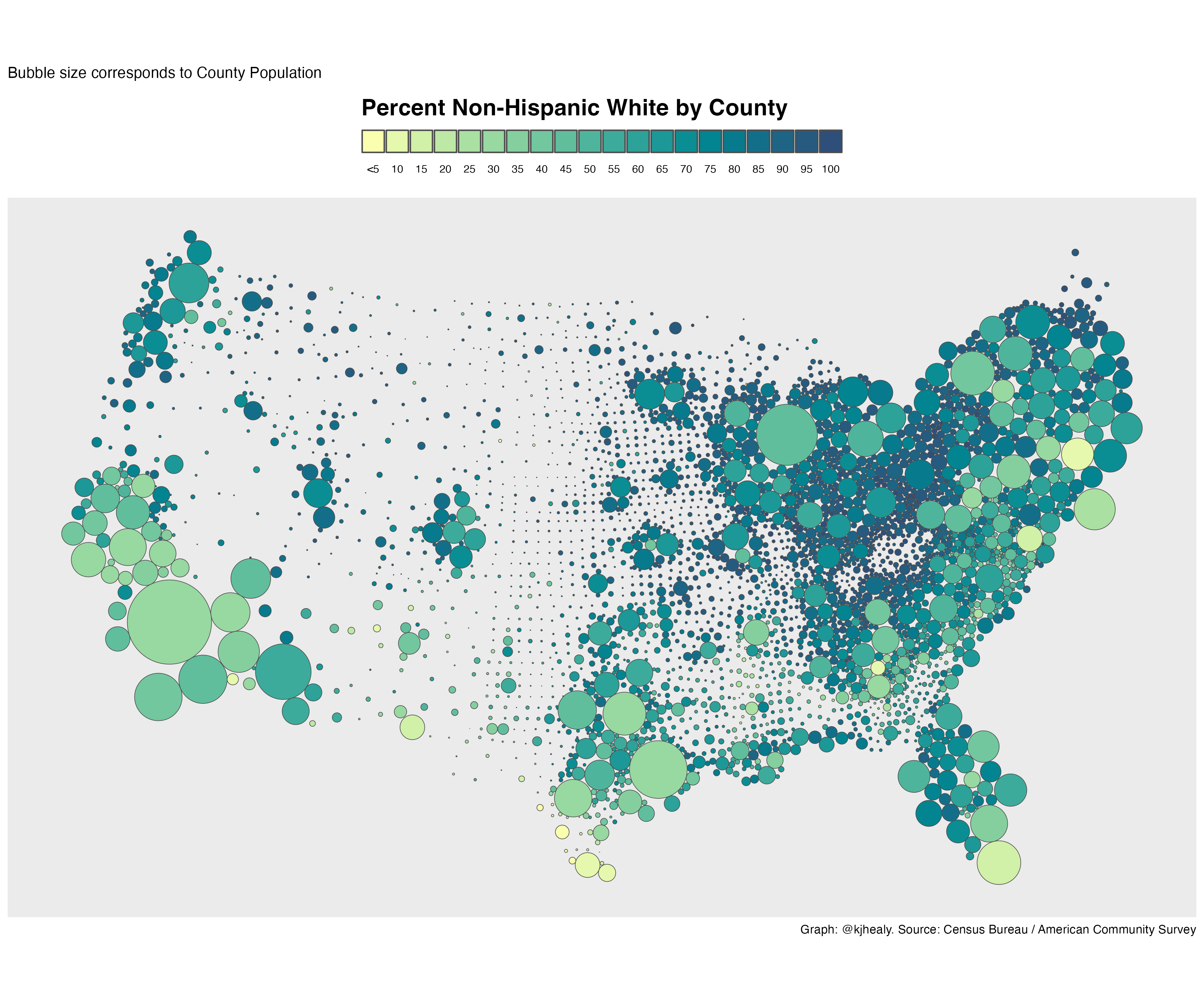Dorling cartogram, percent Non-Hispanic White by county
