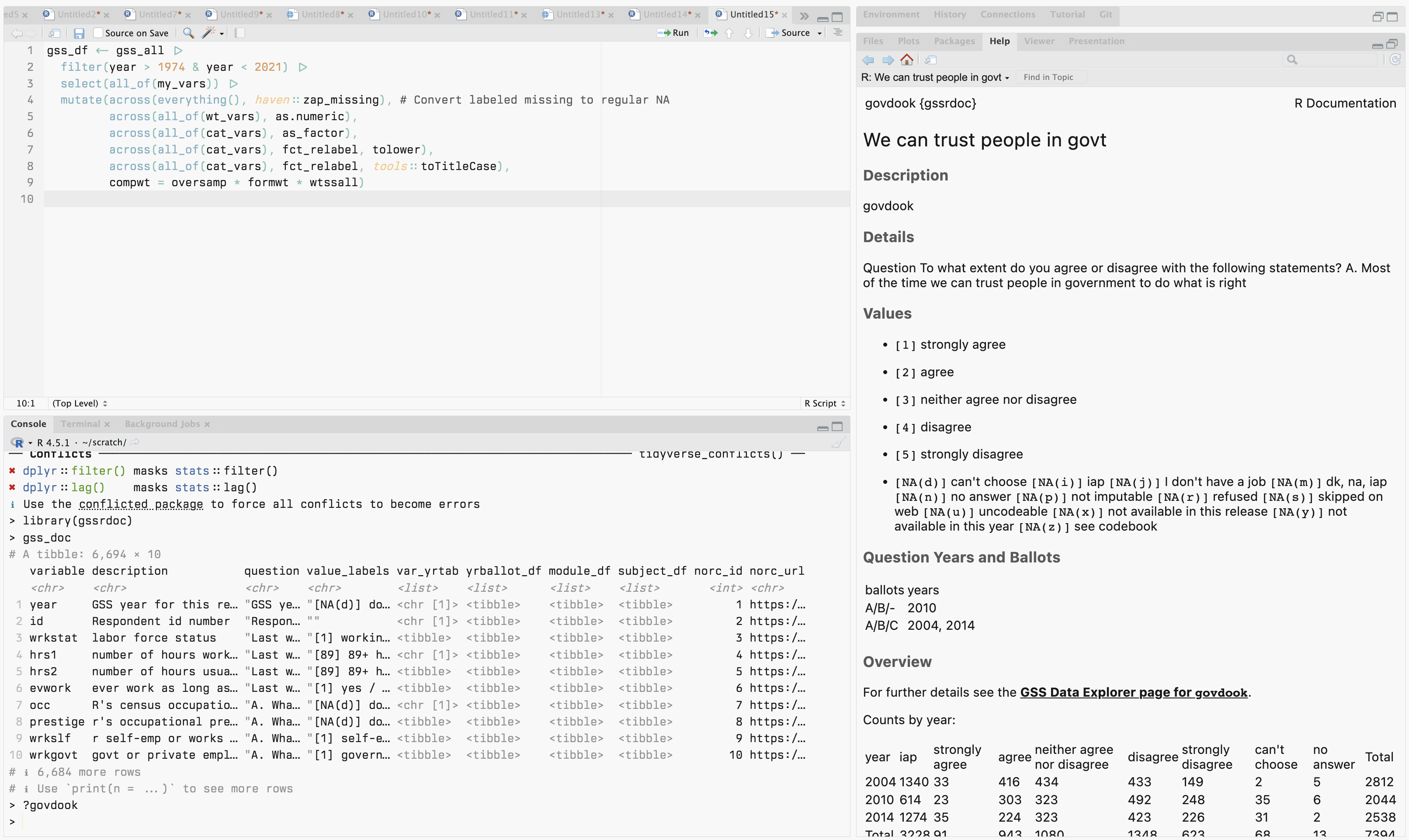 RStudio with help page for govdook