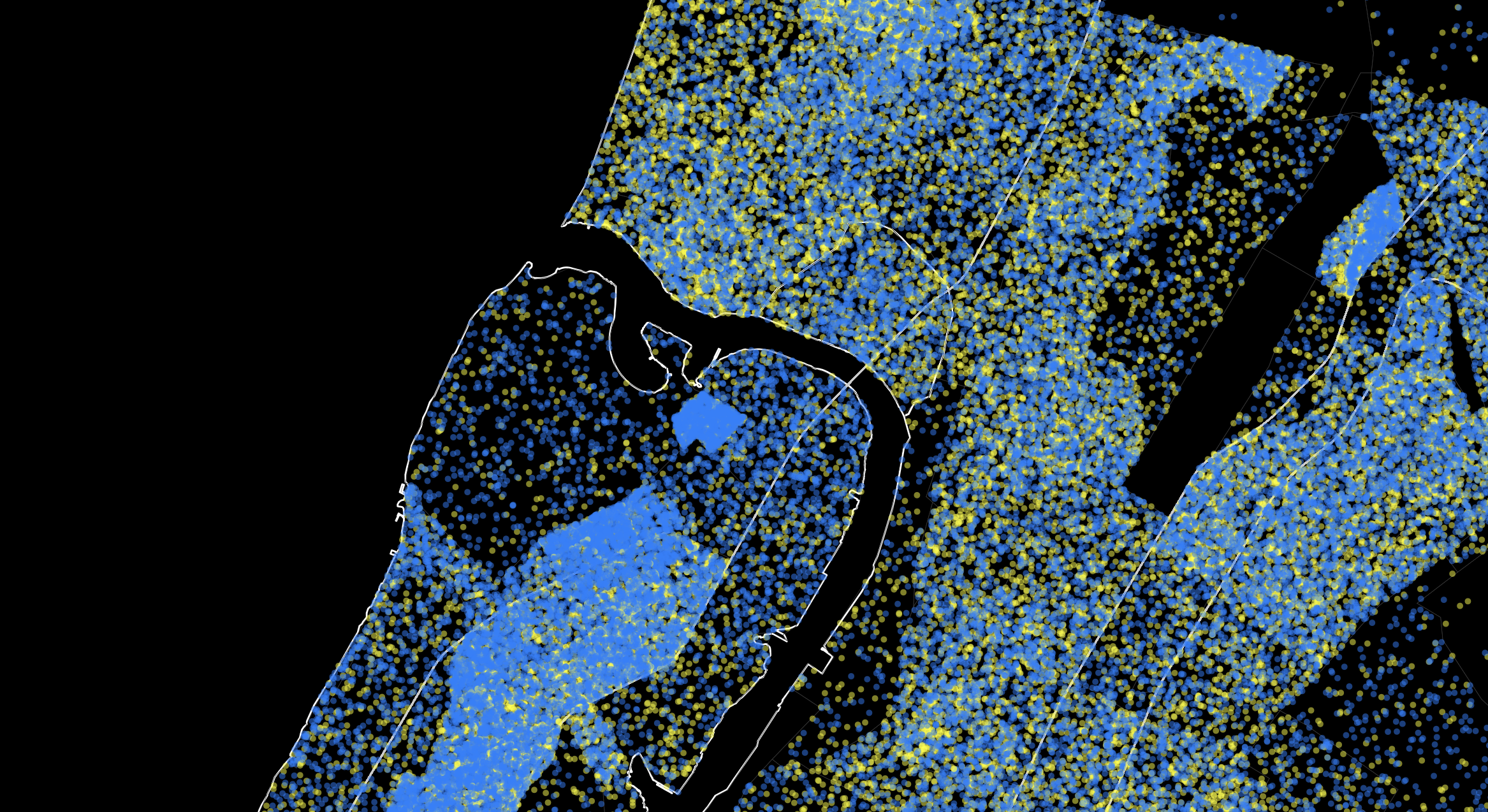 Precinct-level vote shares for Mamdani vs Sliwa/Cuomo, dot-density version, high-res detail
