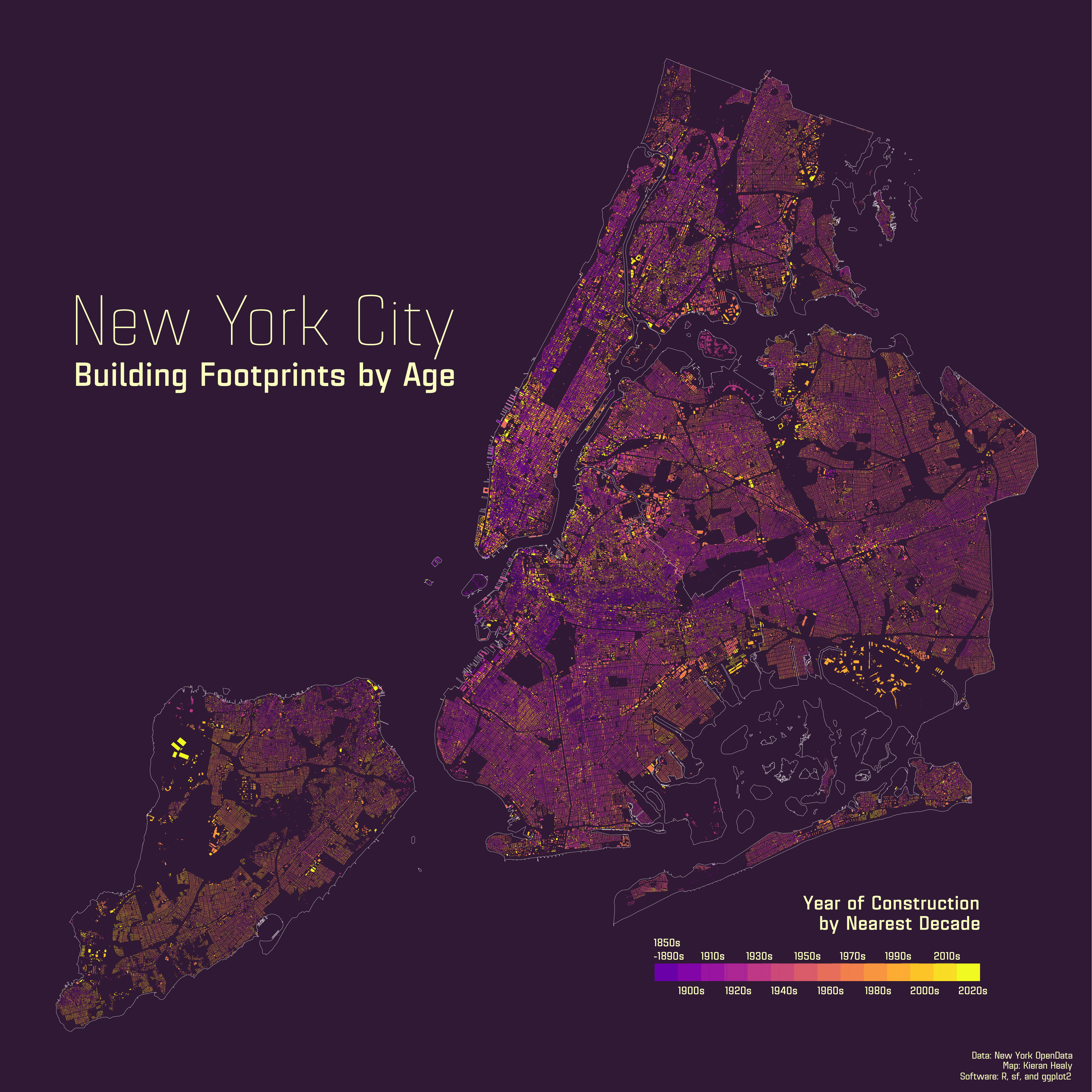 New York City's buildings by decade of construction.